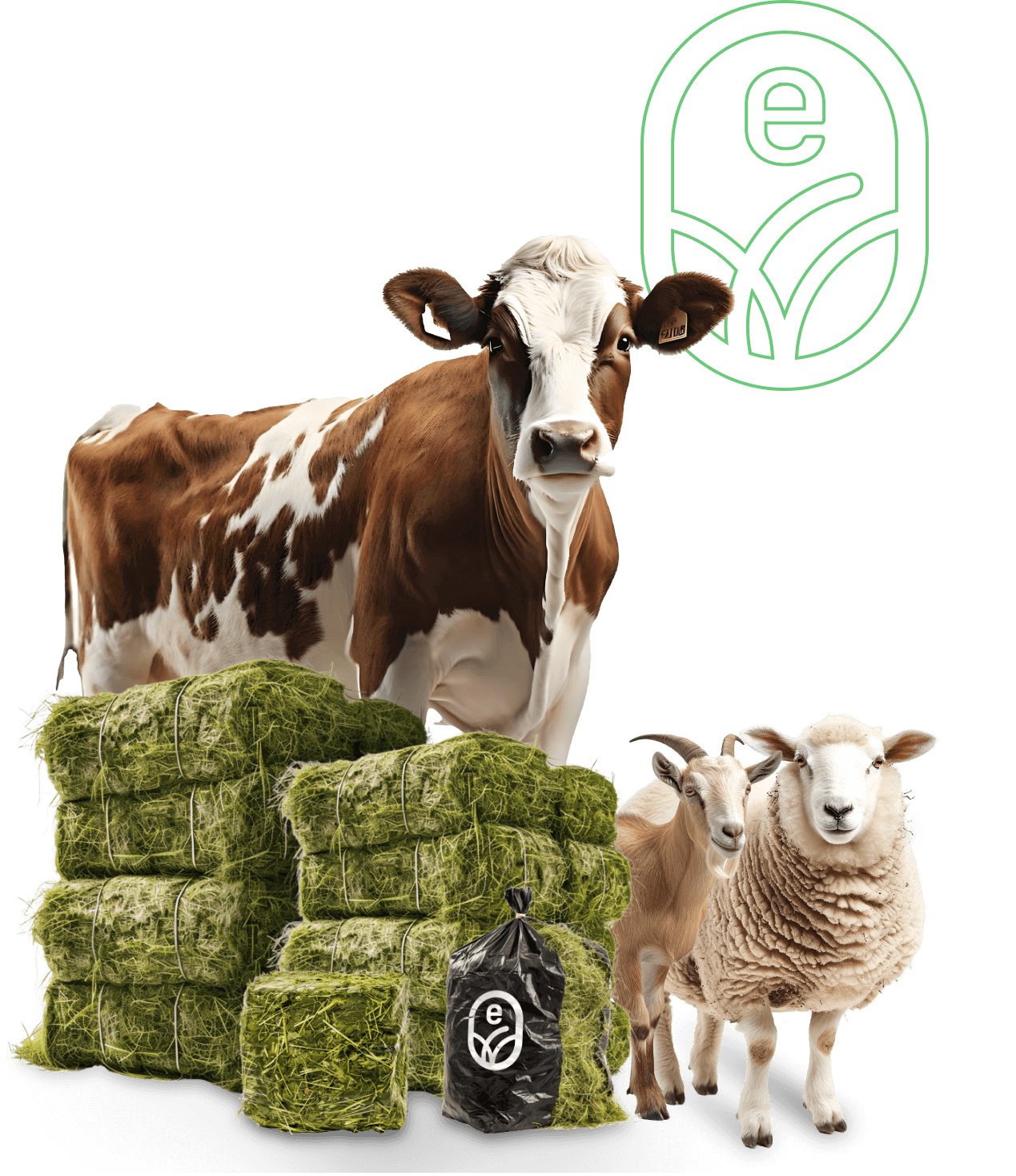 Imagem decorativa de uma vaca, com sacos de fenos